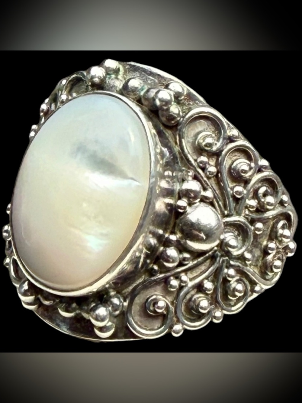 Sz 9 Suarti BA Bali Sterling Silver Chatoyant Mother Of Pearl Filigree Ring